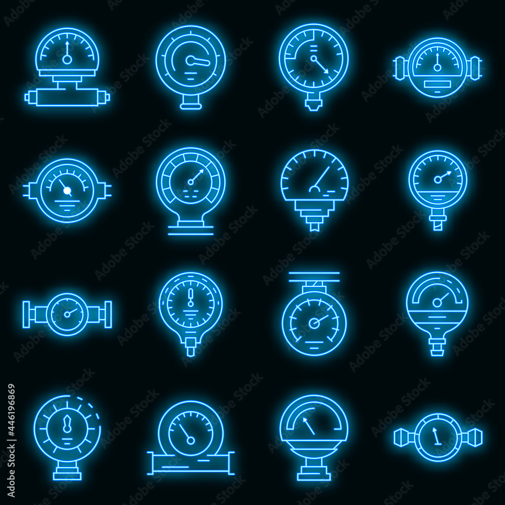 Poster manometer icons set. outline set of manometer vector icons neon color on black