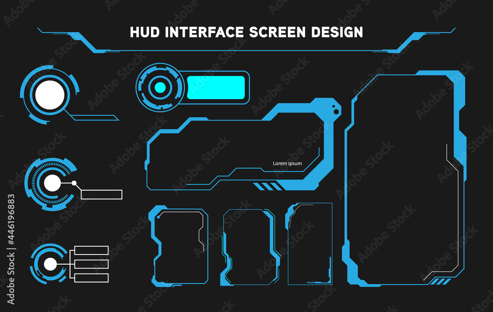 Poster Futuristic HUD Interface Screen Design. Digital callouts titles. HUD UI GUI futuristic user interface screen elements set. High tech screen for video game. Sci-fi concept design.