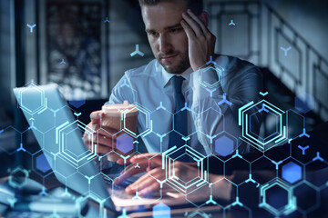 Two colleagues in formal wear working together to optimize business process by applying new...