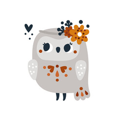 Illustration for kids with lovely owlet. Cute baby owl with flower wreath isolated on white background. Childish print with cute chick bird.  Ideal for cards, anniversary, party invitation