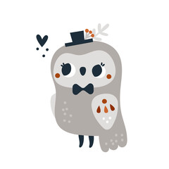 Cute baby owl in cartoon flat style isolated on white background. Childish print with cute chick bird. Illustration for kids with lovely owlet. Ideal for cards, anniversary, party invitation