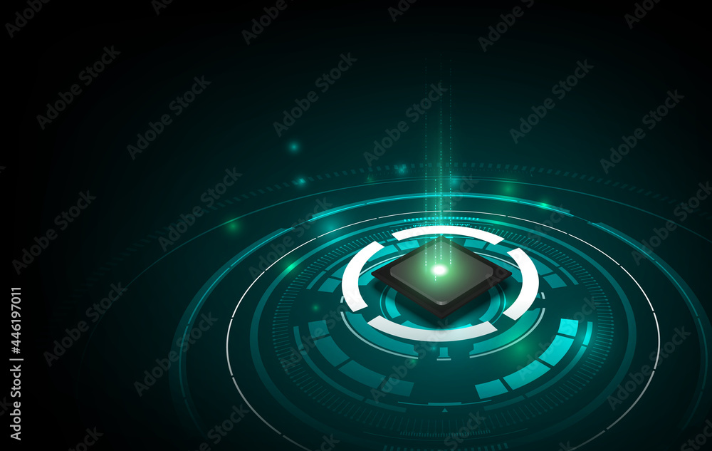 Poster quantum computer, large data processing, database concept.cpu isometric banner. central computer pro