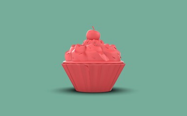 Delicious pink cupcake top view with cherry on top with whipped cream and sweeties on soft blue background 3d rendering image