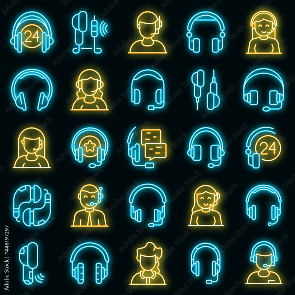 Poster headset icons set. outline set of headset vector icons neon color on black