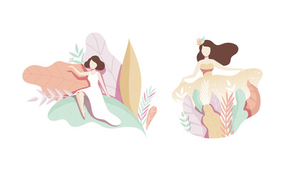 Beautiful Brunette Woman Relaxing on Nature, Girl in Long Dress Decorated with Plants and Flowers in Pastel Colors Vector Illustration
