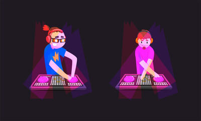 Dj Playing Progressive Electro Music at Nightclub Set, Dj Standing at Electronic Turntable Mixing Console Making Modern Music Cartoon Vector Illustration
