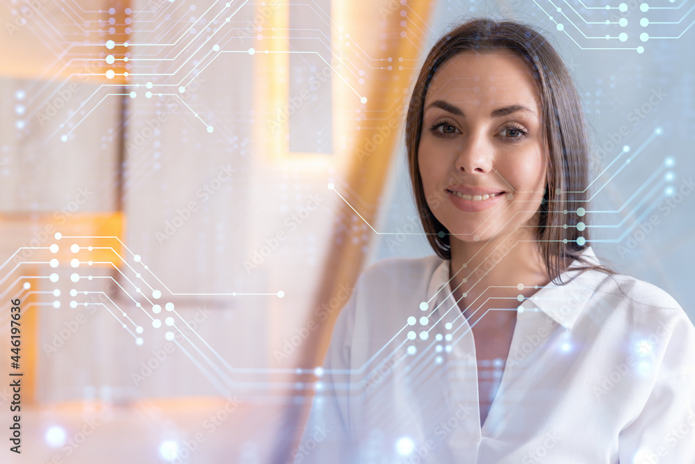 Poster portrait of attractive smiling businesswoman in formal wear thinking how to optimize business proces