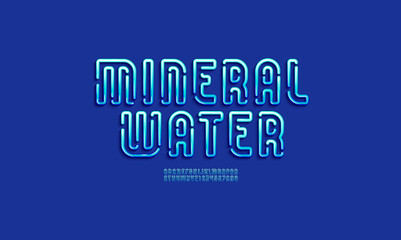 Original mineral water Font in the 3d style, blue gel alphabet, bold letters and numbers made in liquid style