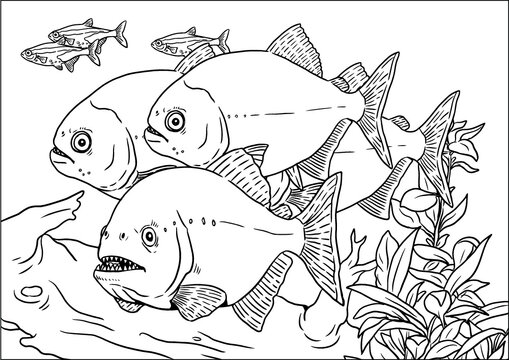 Aquarium with Piranhas for coloring. Predatory fish piranha from the Amazon river. Vector template for children and adults.