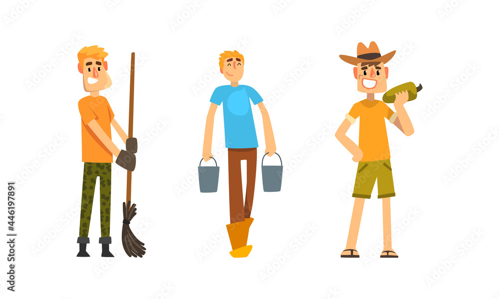 Sticker Cheerful Farmers at Work Set, Male Gardener Sweeping with Broom, Carrying Buckets, Harvesting, Farming and Agriculture Cartoon Vector Illustration