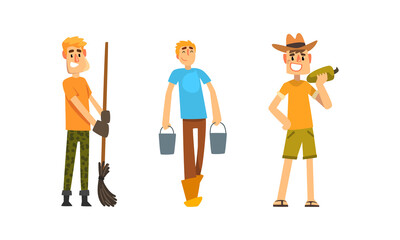 Cheerful Farmers at Work Set, Male Gardener Sweeping with Broom, Carrying Buckets, Harvesting, Farming and Agriculture Cartoon Vector Illustration
