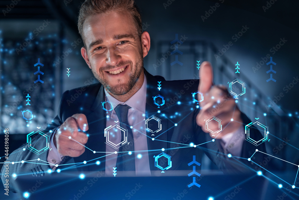 Poster portrait of handsome businessman in formal suit thinking how to optimize business process by applyin