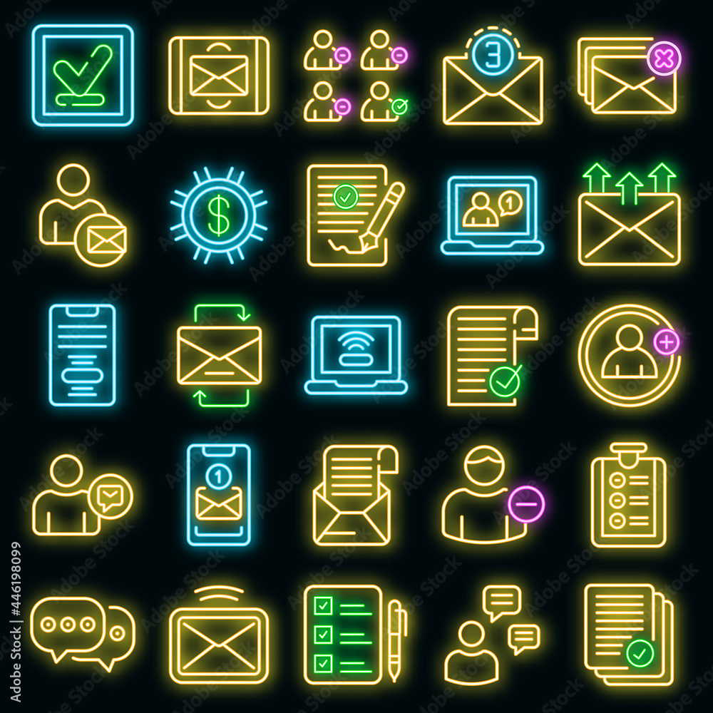 Poster request icons set. outline set of request vector icons neon color on black