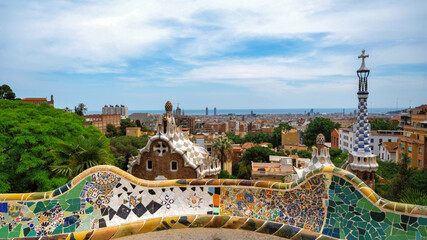Fototapeta na wymiar Panoramic view of Barcelona, multiple building's roofs, view from the Parc Guell