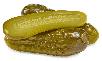 marinated pickled cucumbers with slices isolated on white background. Clipping path and full depth of field