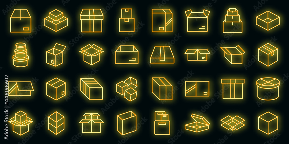 Poster box icons set. outline set of box vector icons neon color on black