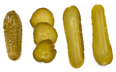 marinated pickled cucumbers with slices isolated on white background. Clipping path and full depth of field. Top view