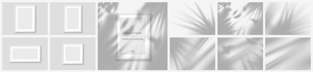 Set realistic white picture frames 4 pcs and set tropical shadow 6pcs from the window. Vector illustration EPS10	