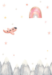 poster card with mountains and rainbow, airplane, stars, childrens watercolor illustration on white background