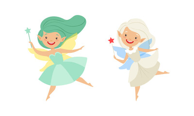 Cute Happy Fairy Girls Set, Adorable Happy Flying Winged Girls Cartoon Vector Illustration