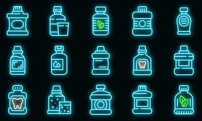 Mouthwash icons set. Outline set of mouthwash vector icons neon color on black