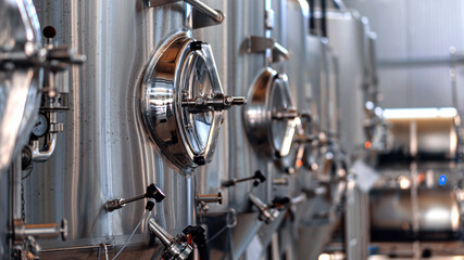 Fototapeta na wymiar Metal tanks with beer at the brewery