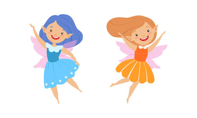 Happy Lovely Fairy Girls Set, Adorable Elves Flying Wearing Bright Costumes Cartoon Vector Illustration