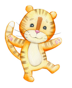 Cute tiger cub, dancing. A watercolor drawing of an animal, in a cartoon style, on an isolated background.