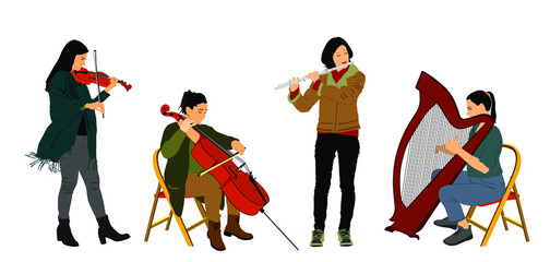 Female quartet orchestra music artist vector illustration. Girl play violin, cellist woman play cello, elegant lady play harp. Flutist girl play flute. String and wind instruments concert event.