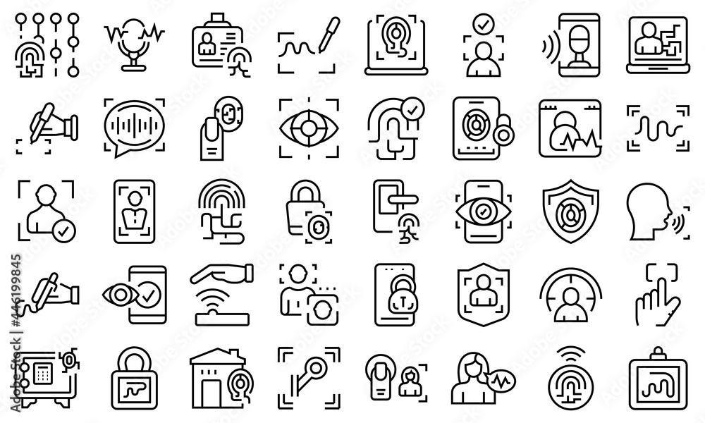 Poster handwriting identification icons set outline vector. access approve. biometric authentication