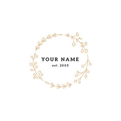 Fototapeta premium Floral minimalistic logo template, vector graphics. Hand drawn wreath, branches with leaves and berries.