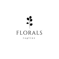 Florals, branch with leaves. Hand drawn vector logo template.