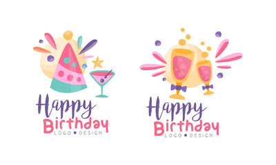 Happy Birthday Logo Design Set, Birthday Celebration Hand Drawn Badges, Banner, Poster, Card, T-shirt Vector Illustration