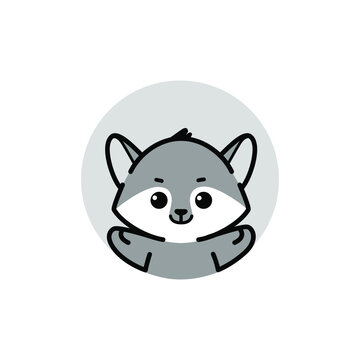 Wolf logo, cute kind character. Cartoon face of animal. Vector illustration in cartoon style.