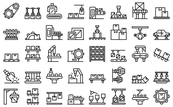 Serial production icons set outline vector. Industrial batch. Mass machinery