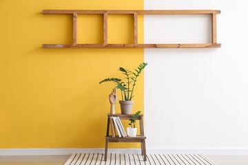 Interior of modern stylish room with stand near color wall