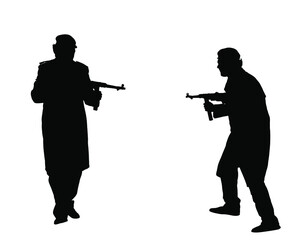 Second world war army soldier opponents with rifle in battle vector silhouette. WW2 soldier with rifle aim shooting at the enemy during combat. Scary war situation, brave man defends his country. - obrazy, fototapety, plakaty