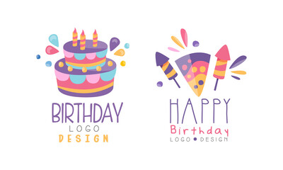 Birthday Logo Templates Set, Holiday Celebration Hand Drawn Badges, Banner, Poster, Card, T-shirt Design Vector Illustration
