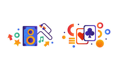 Set of Entertainment and Gambling Symbols, Music Speaker and Earphones, Playing Cards Flat Vector Illustration