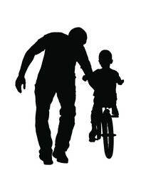 Happy family, father teaching his son riding a bicycle vector silhouette illustration isolated on white background. Dad teaches little boy to ride a bike. Fathers day. Outdoor sport and recreation.