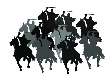Knight in armor with sword and shield riding horse vector silhouette isolated. Horseman medieval fighter in battle. Cavalryman hero keeps castle walls. Armed man defends country against enemy.