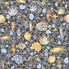 Materiał do szycia Seamless pattern. Abstract mechanical metal sea horse, fish, turtle, starfish, shell, coral, seaweed, gear wheels on dark grey background. Steampunk style.