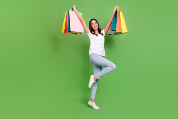 Fototapeta na wymiar Full body photo of cool brunette millennial lady hold bags wear t-shirt jeans isolated on green color background