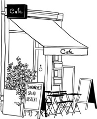 Street Cafe restaurant in small city Front shop with table and seats Hand drawn line art illustration