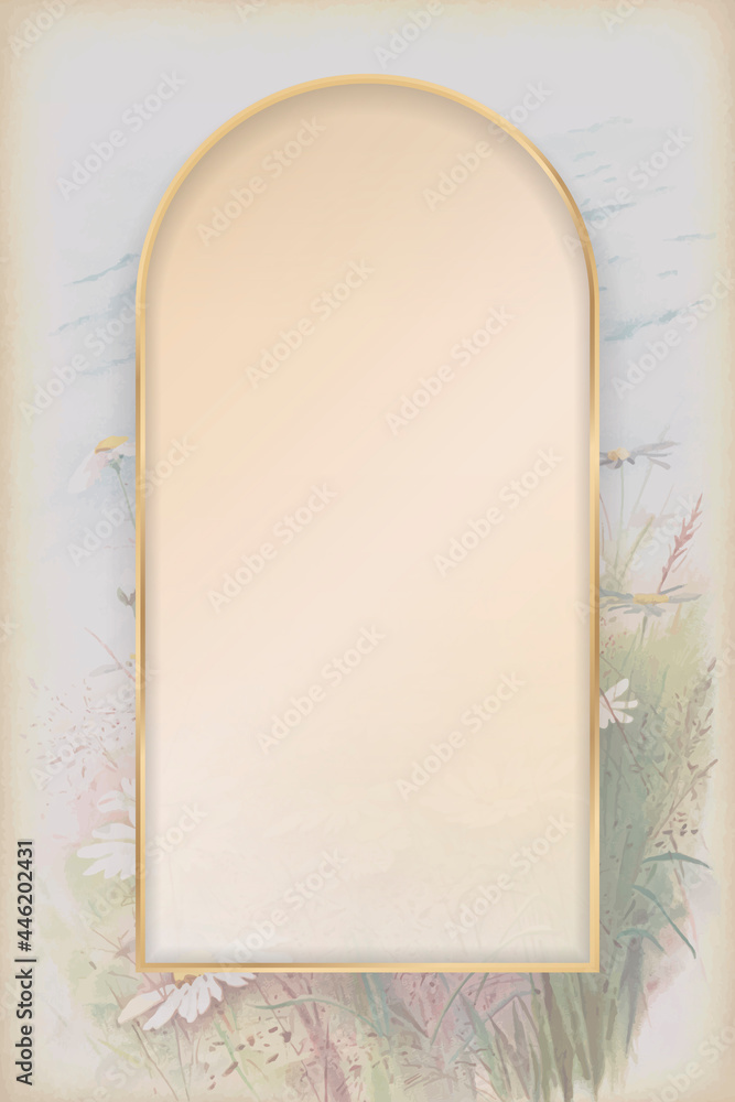Wall mural arch gold frame on daisy patterned background template vector