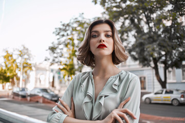 Fototapeta premium woman outdoors attractive look fashion street style