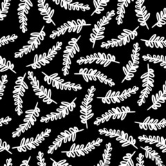 Abstract elegant seamless black and white pattern of lined botanical floral motifs of plants and leaves