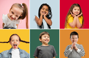 Collage made of portraits of 6 little cute kids, boys and girls isolated on multicolored studio...