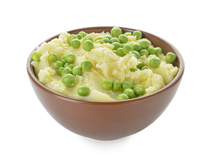 Bowl with mashed potatoes and green peas on white background