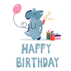 Children's birthday card with a dinosaur. A happy dinosaur with a balloon and gifts. Clipart on a white background. A festive inscription in a children's style.
